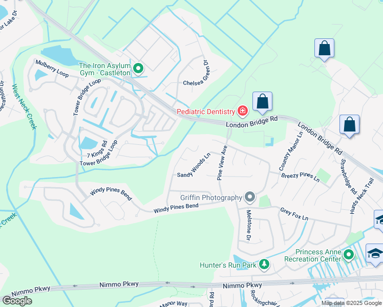 map of restaurants, bars, coffee shops, grocery stores, and more near 2021 Forest Brook Circle in Virginia Beach