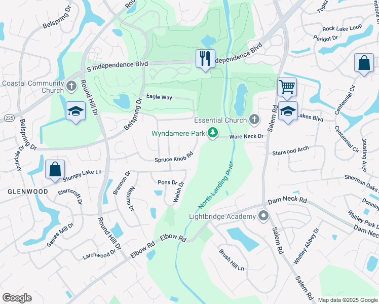map of restaurants, bars, coffee shops, grocery stores, and more near 4140 Spruce Knob Road in Virginia Beach