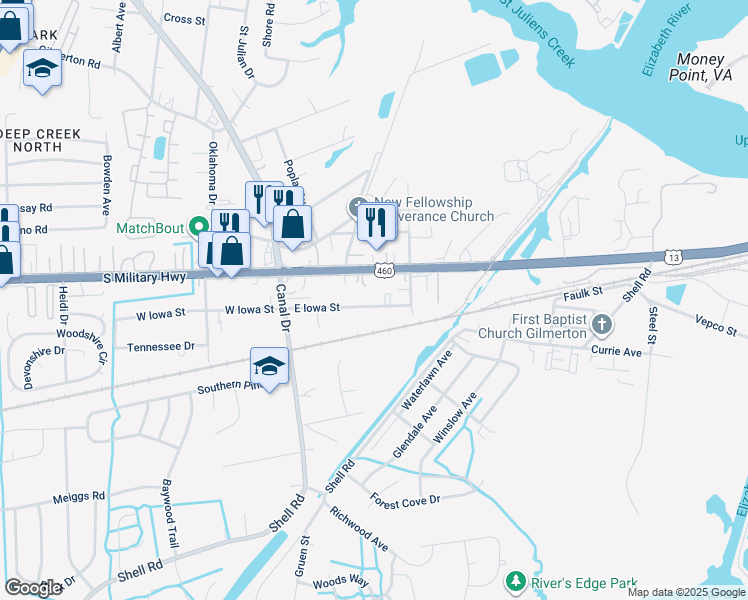 map of restaurants, bars, coffee shops, grocery stores, and more near 2020 East Iowa Street in Chesapeake