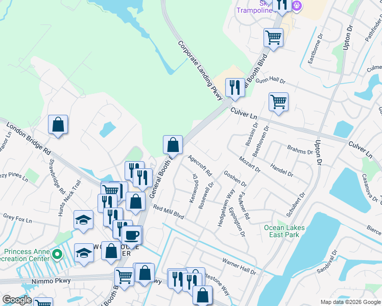 map of restaurants, bars, coffee shops, grocery stores, and more near 1153 Las Cruces Drive in Virginia Beach