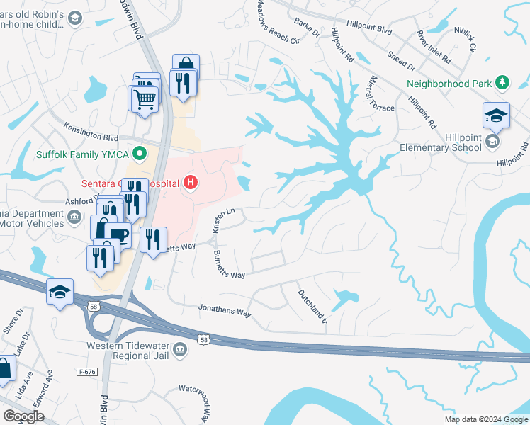map of restaurants, bars, coffee shops, grocery stores, and more near 143 Kristen Lane in Suffolk