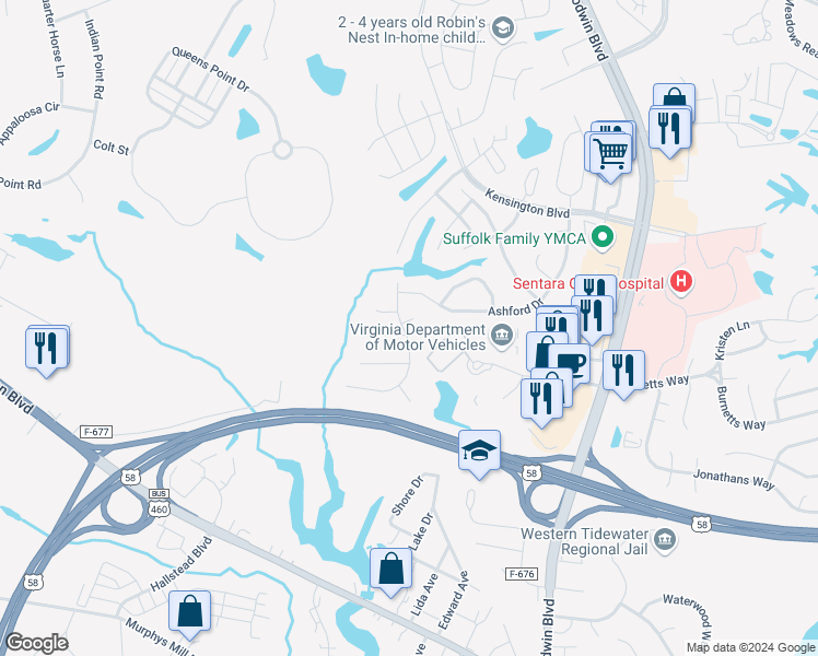 map of restaurants, bars, coffee shops, grocery stores, and more near 109 Berkshire Boulevard in Suffolk