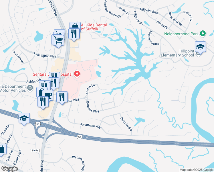 map of restaurants, bars, coffee shops, grocery stores, and more near 143 Kristen Lane in Suffolk