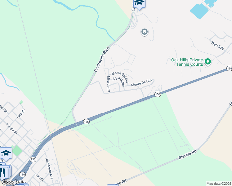 map of restaurants, bars, coffee shops, grocery stores, and more near 13226 Cielo Azul in Castroville