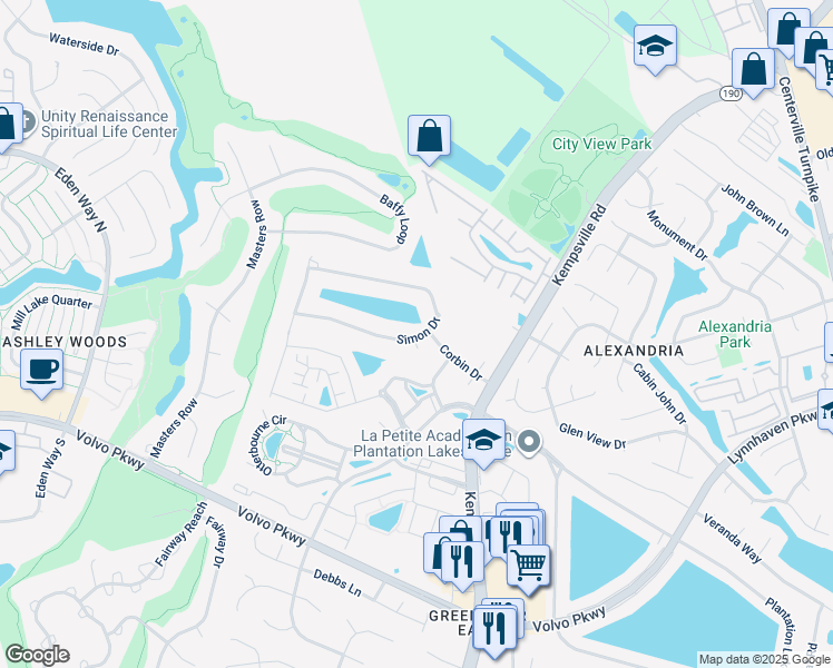 map of restaurants, bars, coffee shops, grocery stores, and more near 1345 Simon Drive in Chesapeake