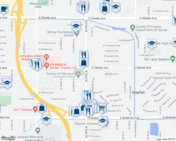 map of restaurants, bars, coffee shops, grocery stores, and more near 2340 North 1st Street in Fresno