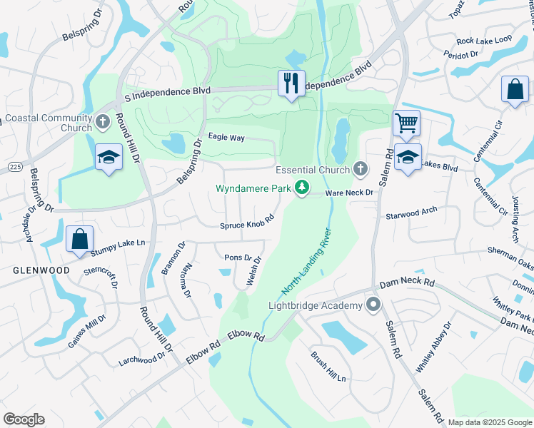 map of restaurants, bars, coffee shops, grocery stores, and more near 4140 Spruce Knob Road in Virginia Beach