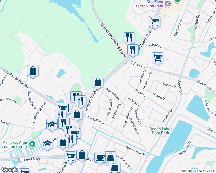 map of restaurants, bars, coffee shops, grocery stores, and more near 1153 Las Cruces Drive in Virginia Beach