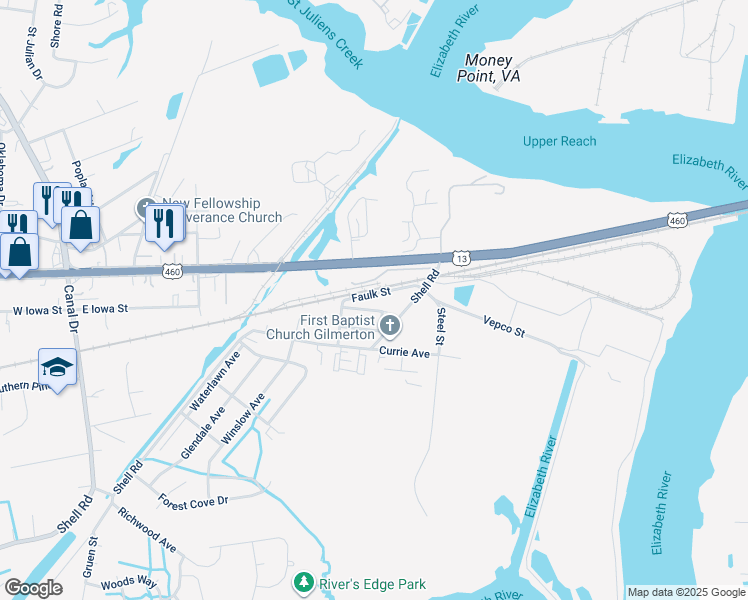 map of restaurants, bars, coffee shops, grocery stores, and more near 1721 Faulk Street in Chesapeake