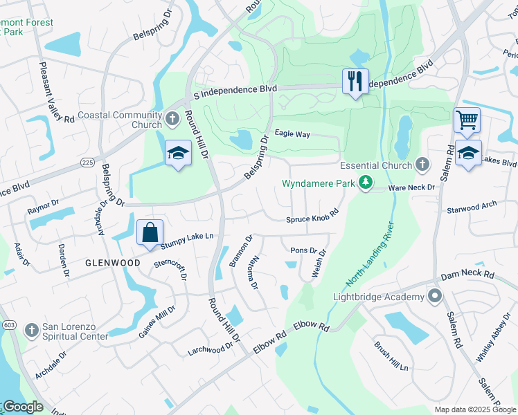 map of restaurants, bars, coffee shops, grocery stores, and more near 4273 Spruce Knob Road in Virginia Beach