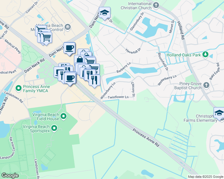map of restaurants, bars, coffee shops, grocery stores, and more near 3217 Winterberry Court in Virginia Beach