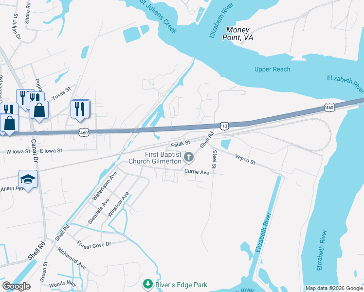 map of restaurants, bars, coffee shops, grocery stores, and more near 1721 Faulk Street in Chesapeake