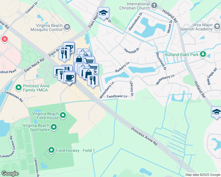 map of restaurants, bars, coffee shops, grocery stores, and more near 3217 Winterberry Court in Virginia Beach
