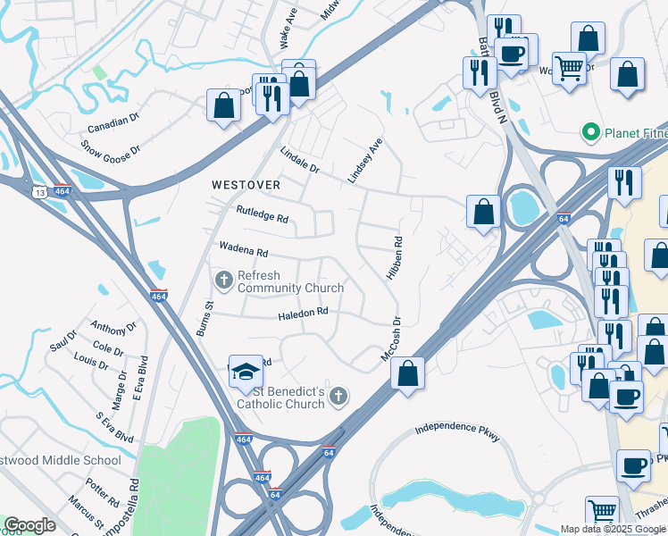 map of restaurants, bars, coffee shops, grocery stores, and more near 121 McCosh Drive in Chesapeake