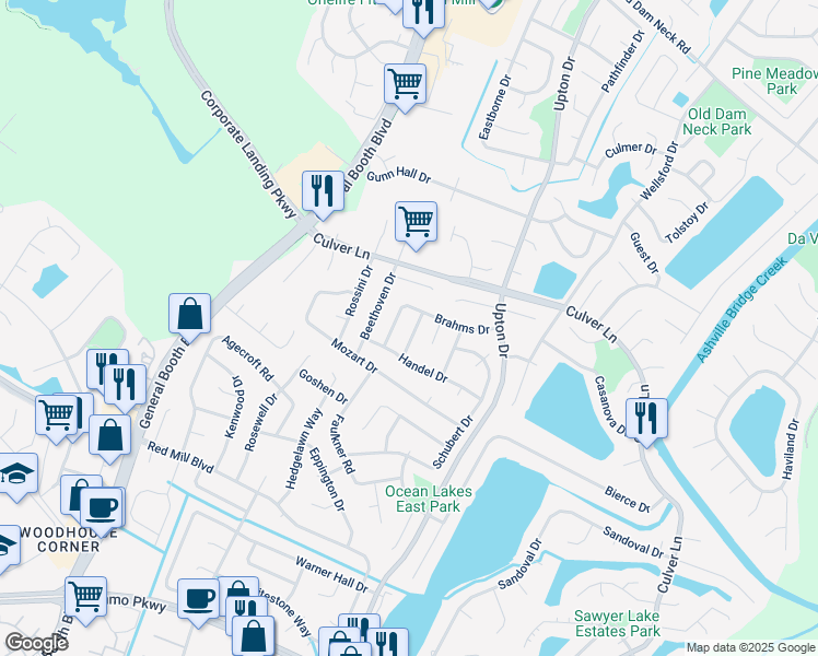 map of restaurants, bars, coffee shops, grocery stores, and more near 1901 Chopin Drive in Virginia Beach