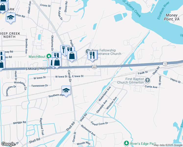 map of restaurants, bars, coffee shops, grocery stores, and more near 2020 East Iowa Street in Chesapeake