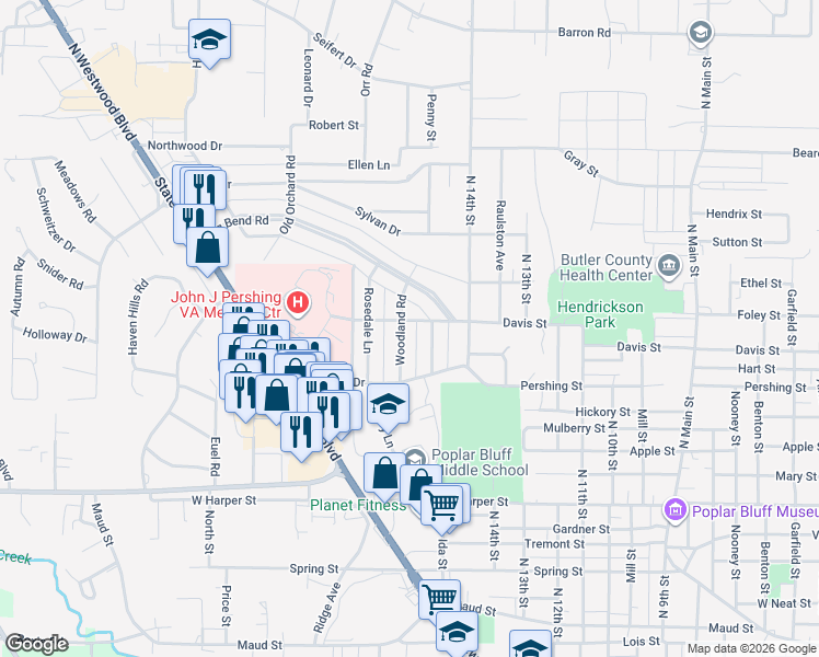 map of restaurants, bars, coffee shops, grocery stores, and more near 1407 Memorial Drive in Poplar Bluff