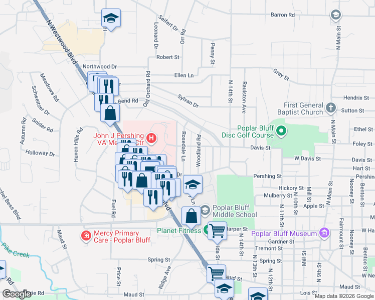 map of restaurants, bars, coffee shops, grocery stores, and more near 1701 Memorial Drive in Poplar Bluff