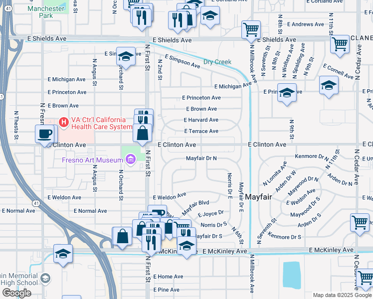 map of restaurants, bars, coffee shops, grocery stores, and more near 3344 East Clinton Avenue in Fresno