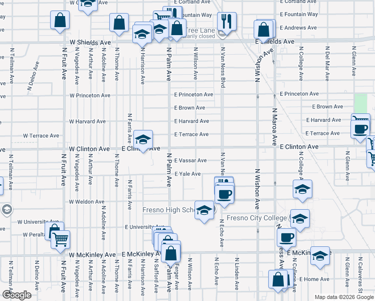 map of restaurants, bars, coffee shops, grocery stores, and more near 449 East Clinton Avenue in Fresno