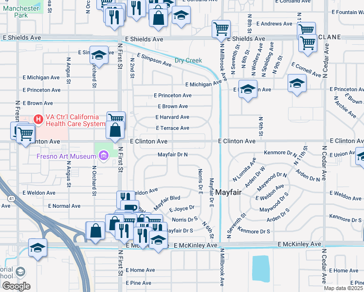 map of restaurants, bars, coffee shops, grocery stores, and more near 3434 East Clinton Avenue in Fresno