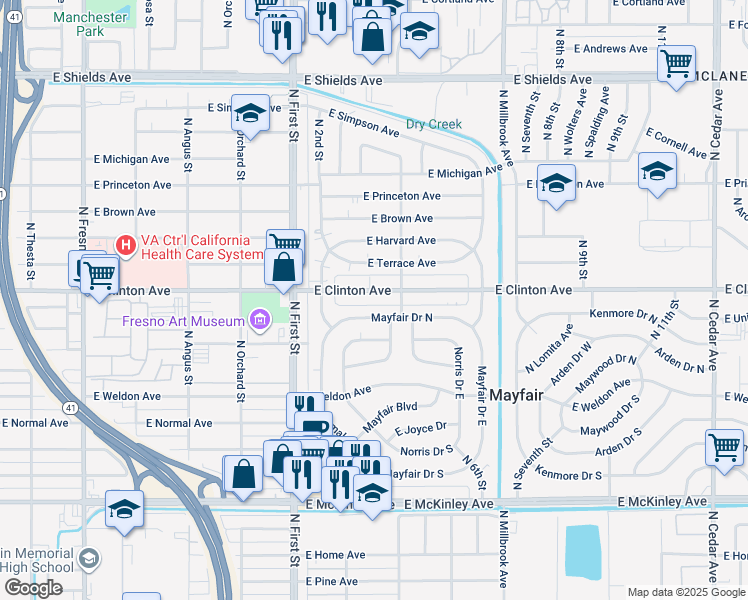 map of restaurants, bars, coffee shops, grocery stores, and more near 3348 East Clinton Avenue in Fresno