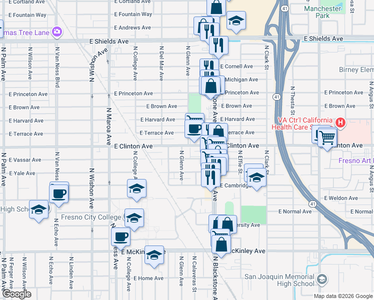 map of restaurants, bars, coffee shops, grocery stores, and more near 1521 East Clinton Avenue in Fresno