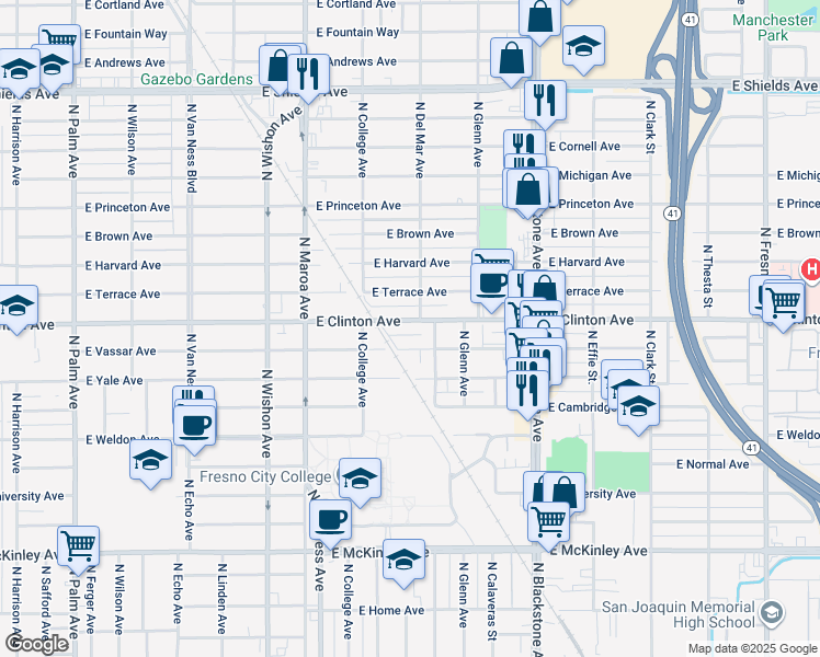 map of restaurants, bars, coffee shops, grocery stores, and more near 1211 East Clinton Avenue in Fresno