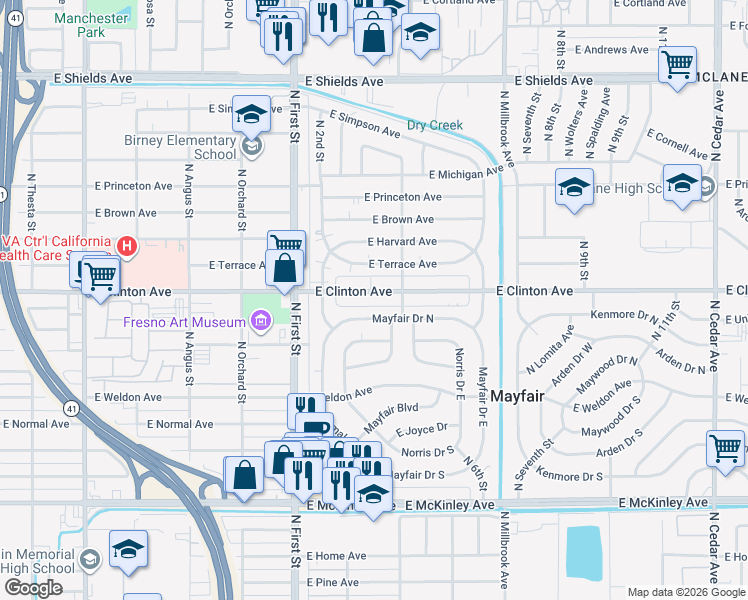map of restaurants, bars, coffee shops, grocery stores, and more near 3346 East Clinton Avenue in Fresno