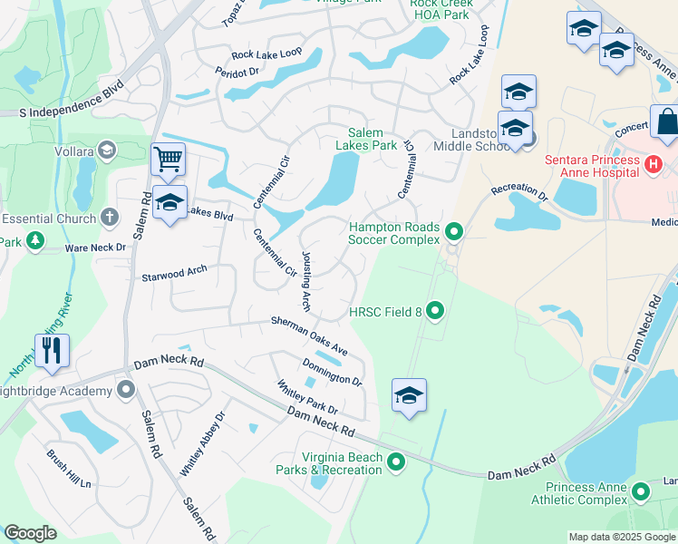 map of restaurants, bars, coffee shops, grocery stores, and more near 3997 Jousting Arch in Virginia Beach