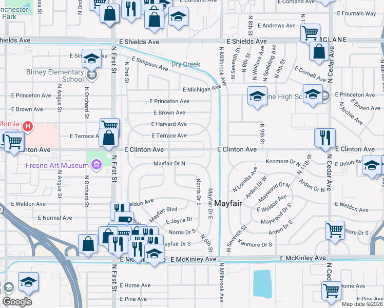 map of restaurants, bars, coffee shops, grocery stores, and more near 3481 East Clinton Avenue in Fresno