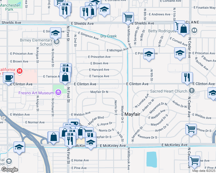 map of restaurants, bars, coffee shops, grocery stores, and more near 3481 East Clinton Avenue in Fresno