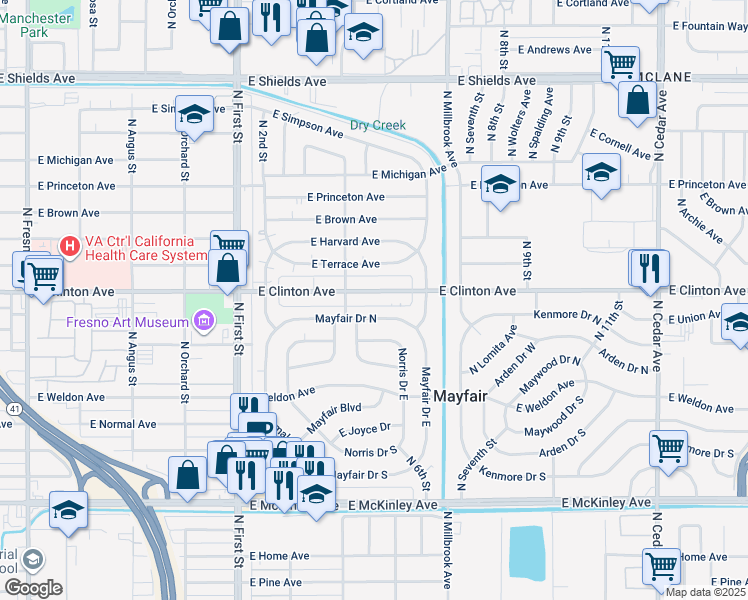 map of restaurants, bars, coffee shops, grocery stores, and more near 3481 East Clinton Avenue in Fresno