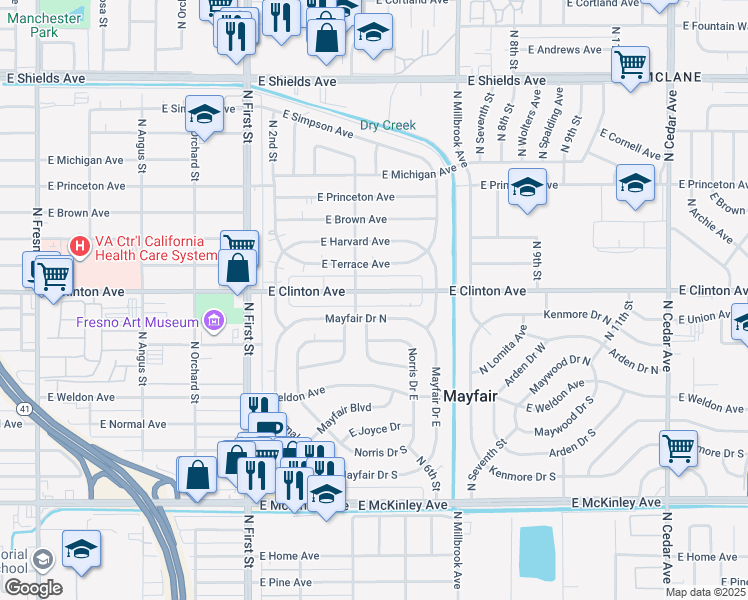 map of restaurants, bars, coffee shops, grocery stores, and more near in Fresno