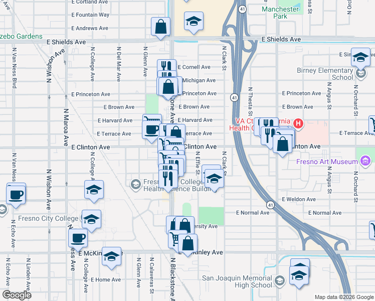 map of restaurants, bars, coffee shops, grocery stores, and more near 1837 East Clinton Avenue in Fresno