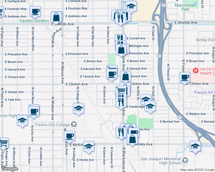 map of restaurants, bars, coffee shops, grocery stores, and more near 1521 East Clinton Avenue in Fresno