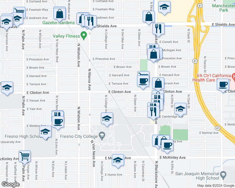 map of restaurants, bars, coffee shops, grocery stores, and more near 1211 East Clinton Avenue in Fresno