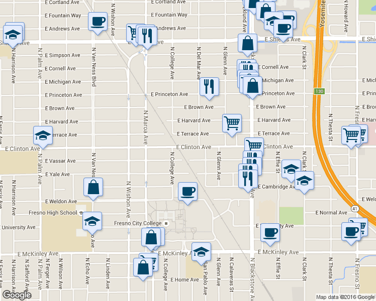 map of restaurants, bars, coffee shops, grocery stores, and more near 1211 East Clinton Avenue in Fresno