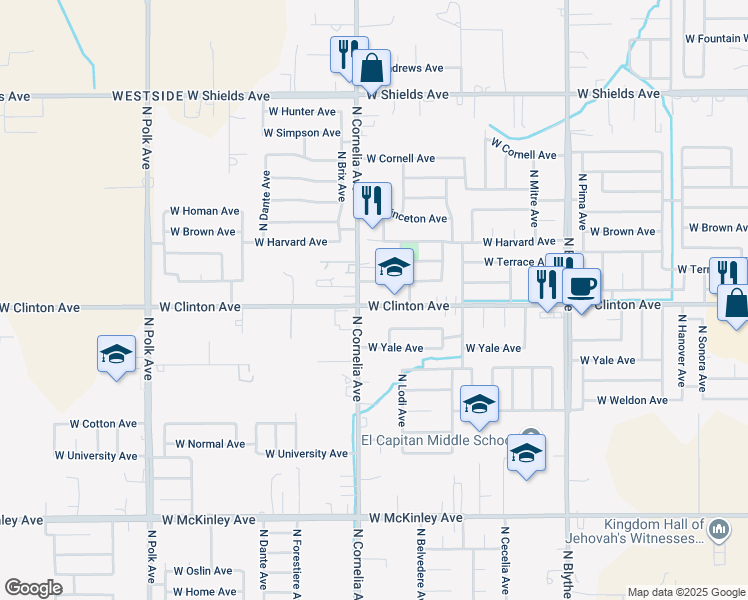 map of restaurants, bars, coffee shops, grocery stores, and more near 4775 West Providence Avenue in Fresno