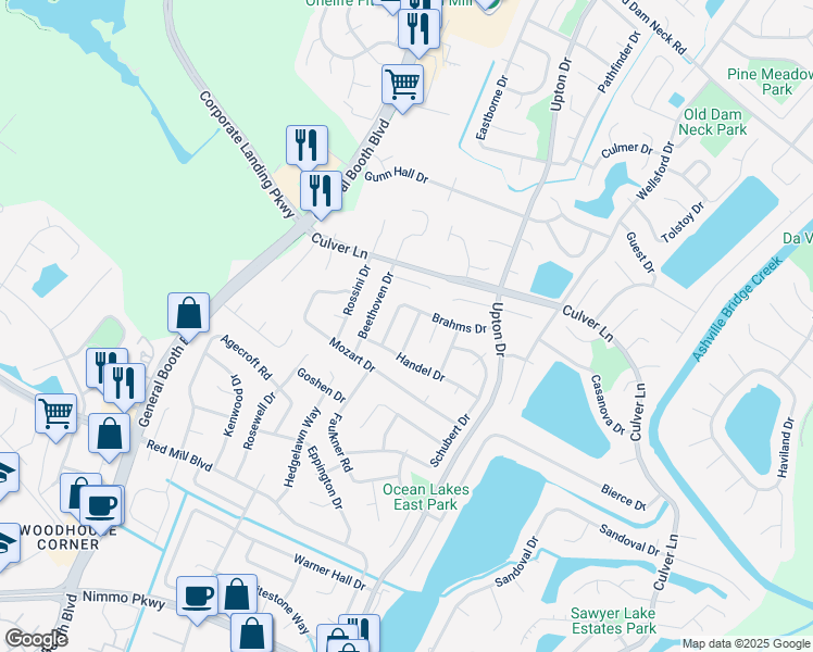 map of restaurants, bars, coffee shops, grocery stores, and more near 1901 Chopin Drive in Virginia Beach