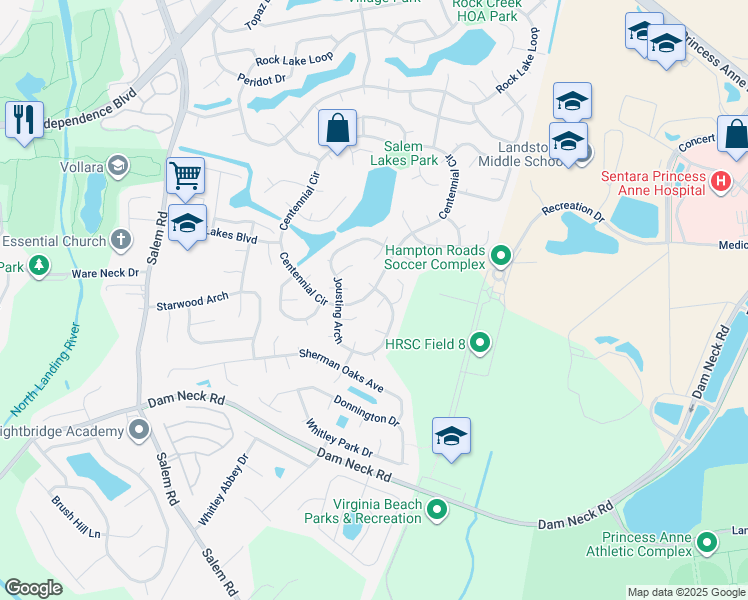 map of restaurants, bars, coffee shops, grocery stores, and more near 3997 Jousting Arch in Virginia Beach