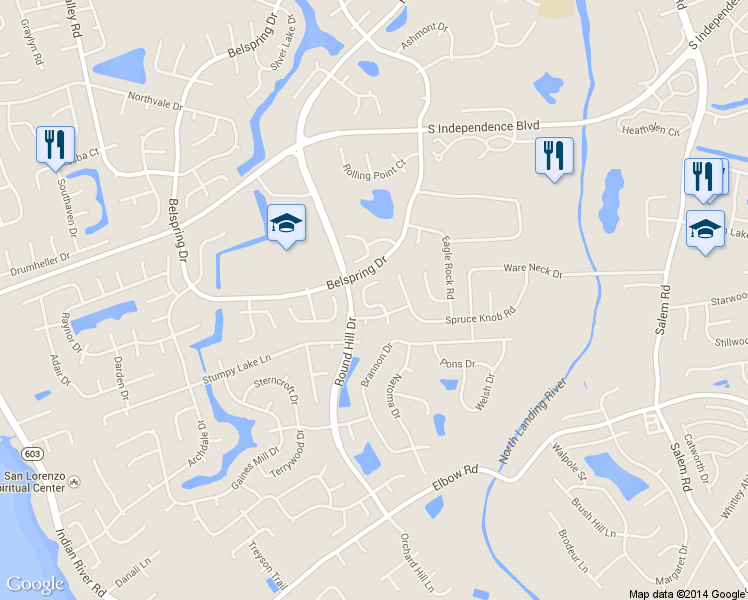 map of restaurants, bars, coffee shops, grocery stores, and more near 2412 Rollingview Court in Virginia Beach