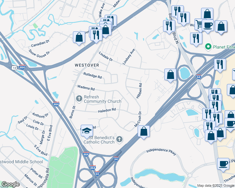 map of restaurants, bars, coffee shops, grocery stores, and more near 121 McCosh Drive in Chesapeake