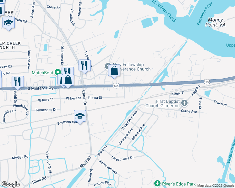 map of restaurants, bars, coffee shops, grocery stores, and more near 2944 South Military Highway in Chesapeake