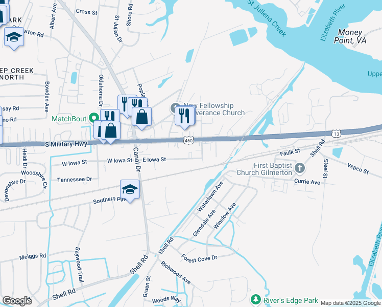map of restaurants, bars, coffee shops, grocery stores, and more near 2944 South Military Highway in Chesapeake