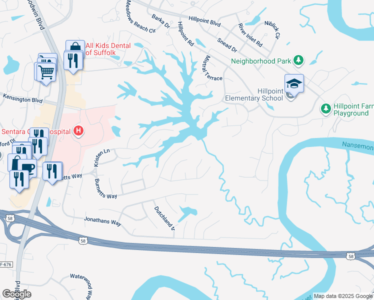 map of restaurants, bars, coffee shops, grocery stores, and more near 293 Burnetts Way in Suffolk