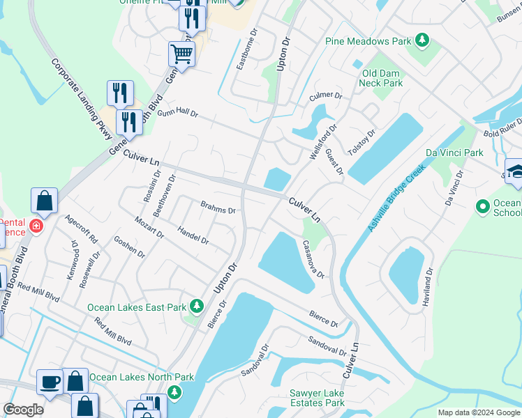 map of restaurants, bars, coffee shops, grocery stores, and more near 1109 Debussy Court in Virginia Beach