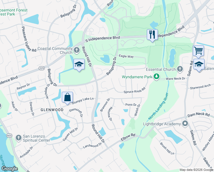 map of restaurants, bars, coffee shops, grocery stores, and more near 2412 Rollingview Court in Virginia Beach