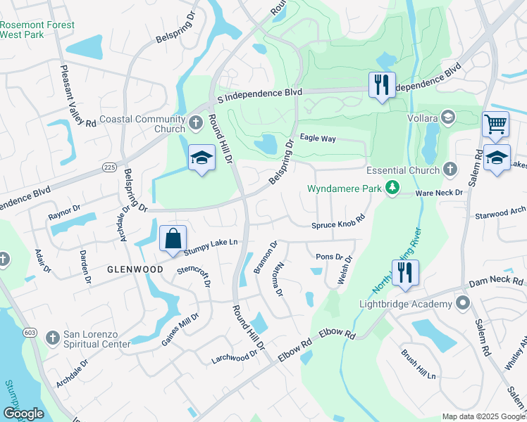 map of restaurants, bars, coffee shops, grocery stores, and more near 2412 Rollingview Court in Virginia Beach