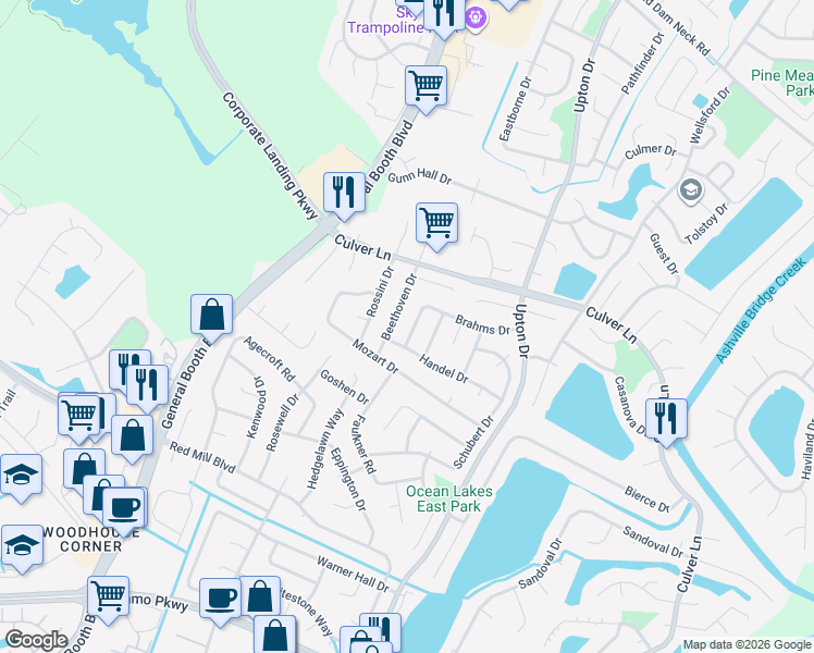 map of restaurants, bars, coffee shops, grocery stores, and more near 1924 Beethoven Drive in Virginia Beach